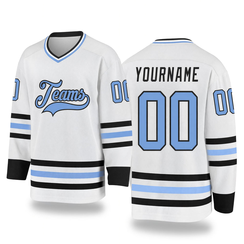 Custom White Light Blue-Black Hockey Jersey
