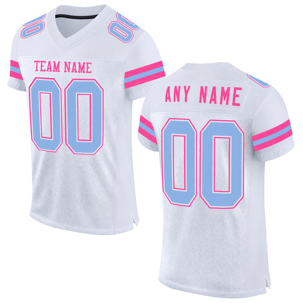 Custom White Light Blue-Pink Mesh Authentic Football Jersey