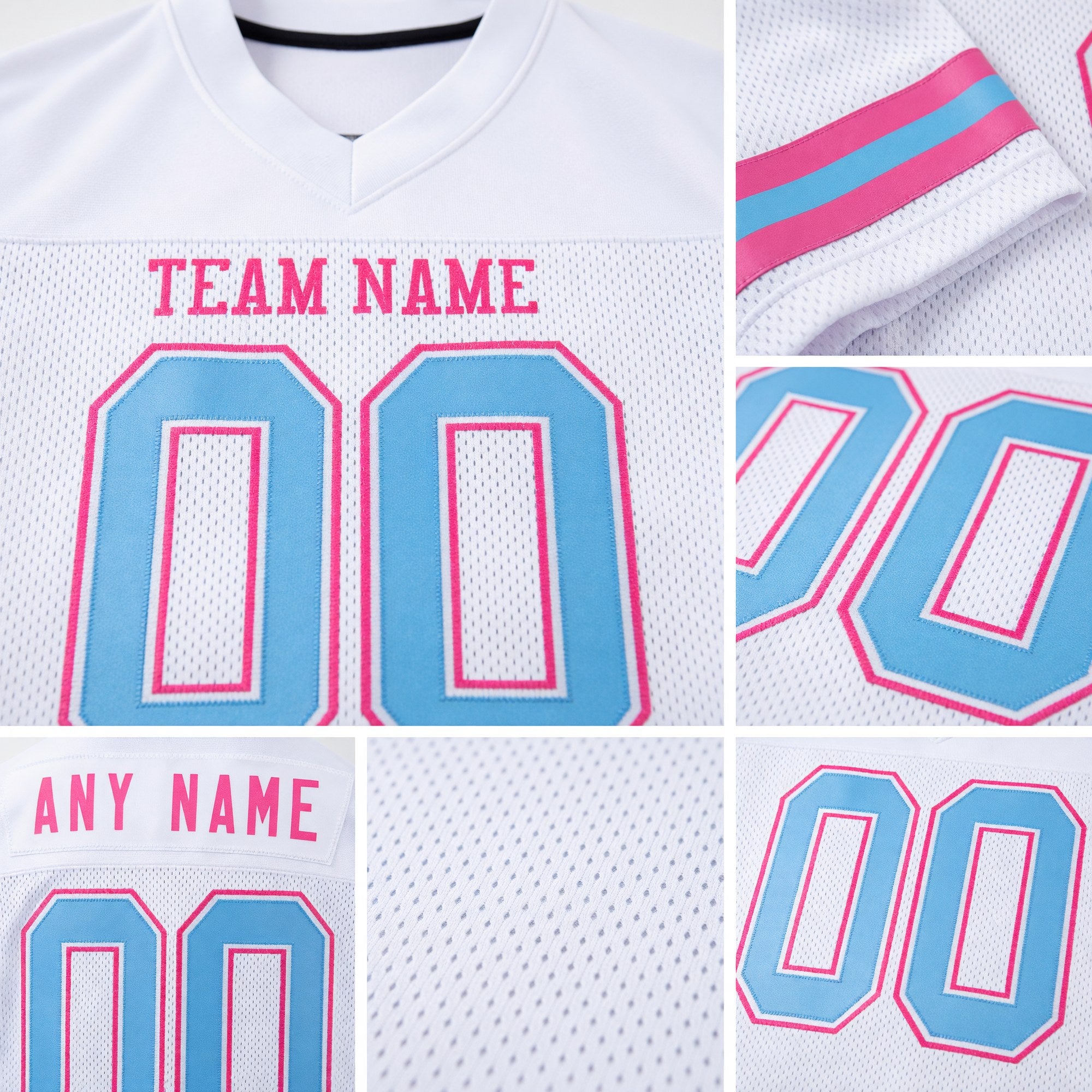 Custom White Light Blue-Pink Mesh Authentic Football Jersey detail