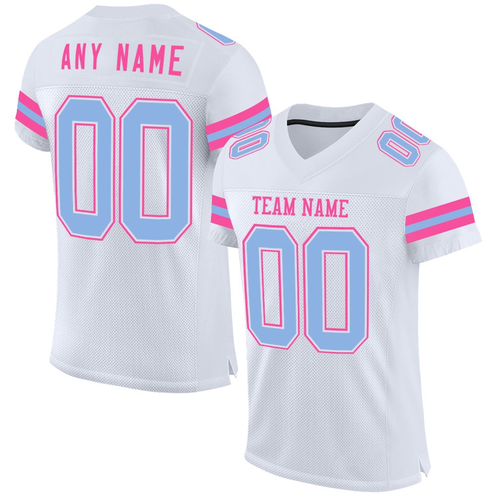 Custom White Light Blue-Pink Mesh Authentic Football Jersey photo 1