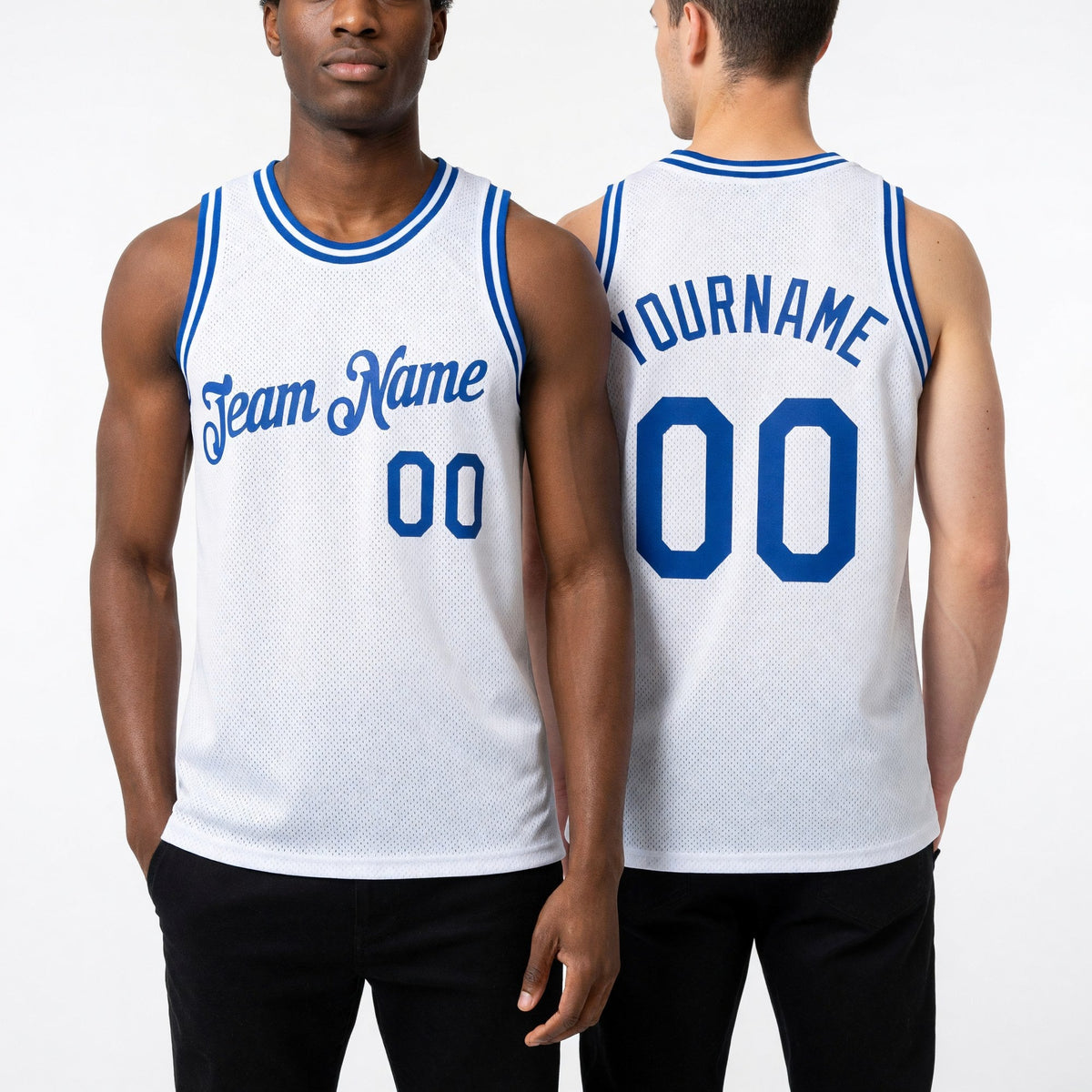 Custom White Royal Authentic Throwback Basketball Jersey worn front and back