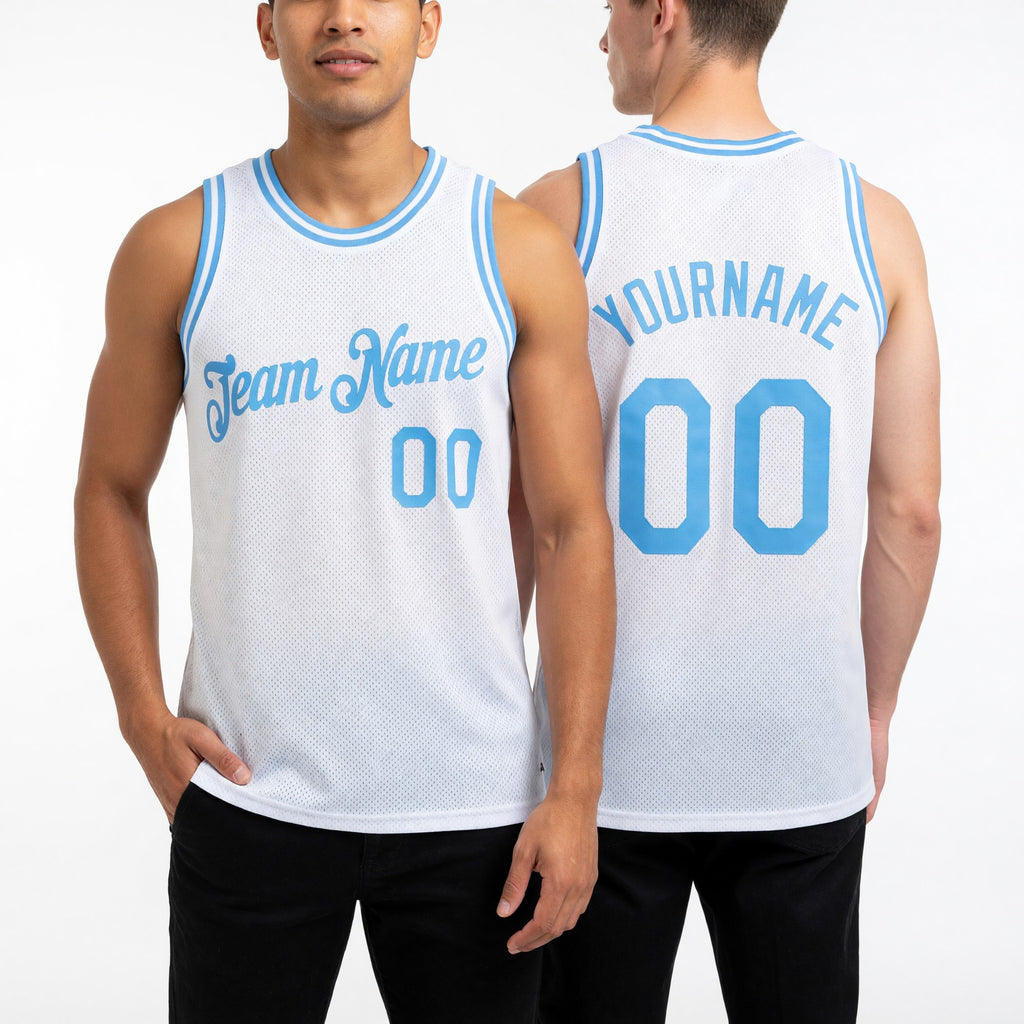 Custom White Light Blue Authentic Throwback Basketball Jersey worn front and back