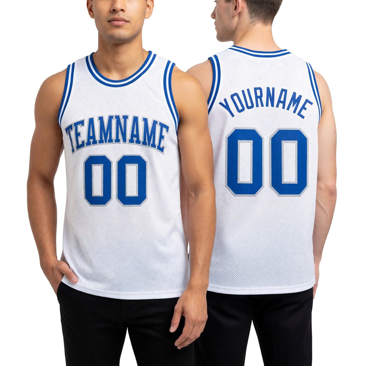 Custom White Royal-Gray Authentic Throwback Basketball Jersey worn front and back