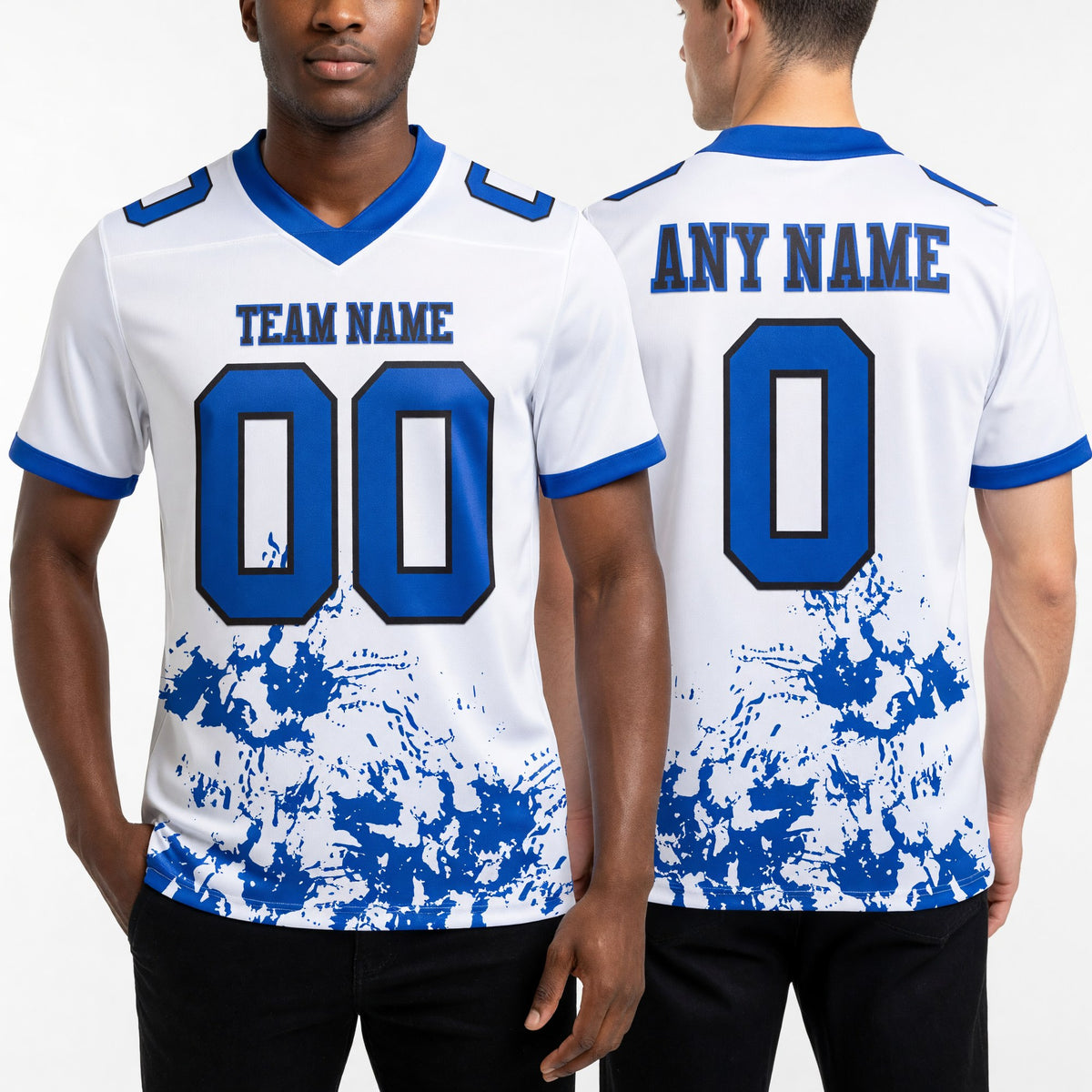 Custom White Thunder Blue-Black 3D Pattern Splash Authentic Football Jersey worn front and back