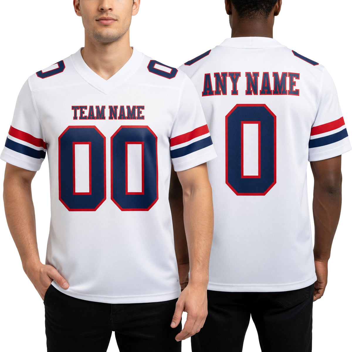 Custom White Navy-Red Authentic Football Jersey worn front and back