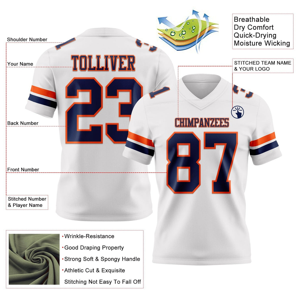 Custom White Navy-Orange Authentic Football Jersey photo 3