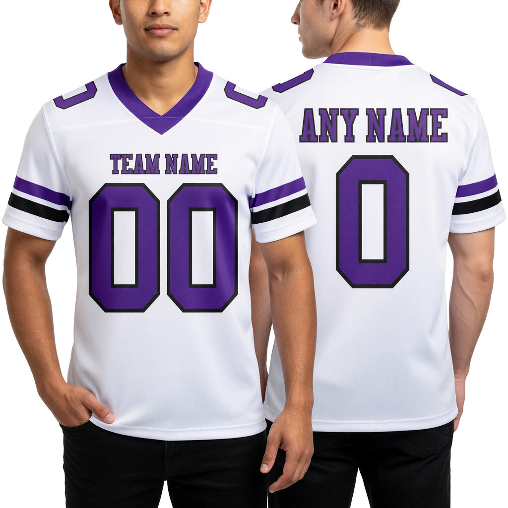 Custom White Purple-Black Authentic Football Jersey worn front and back