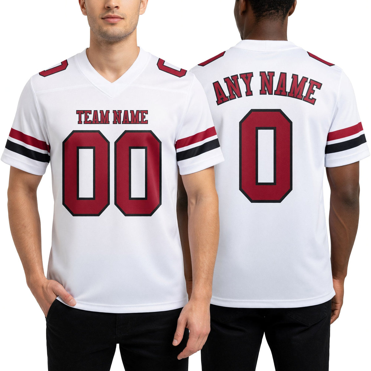 Custom White Cardinal-Black Authentic Football Jersey worn front and back
