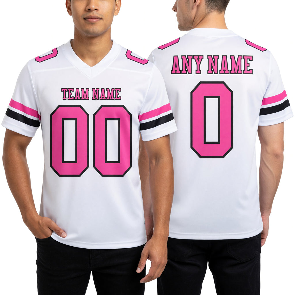 Custom White Pink-Black Authentic Football Jersey worn front and back