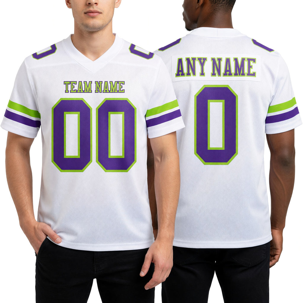 Custom White Purple-Neon Green Authentic Football Jersey worn front and back