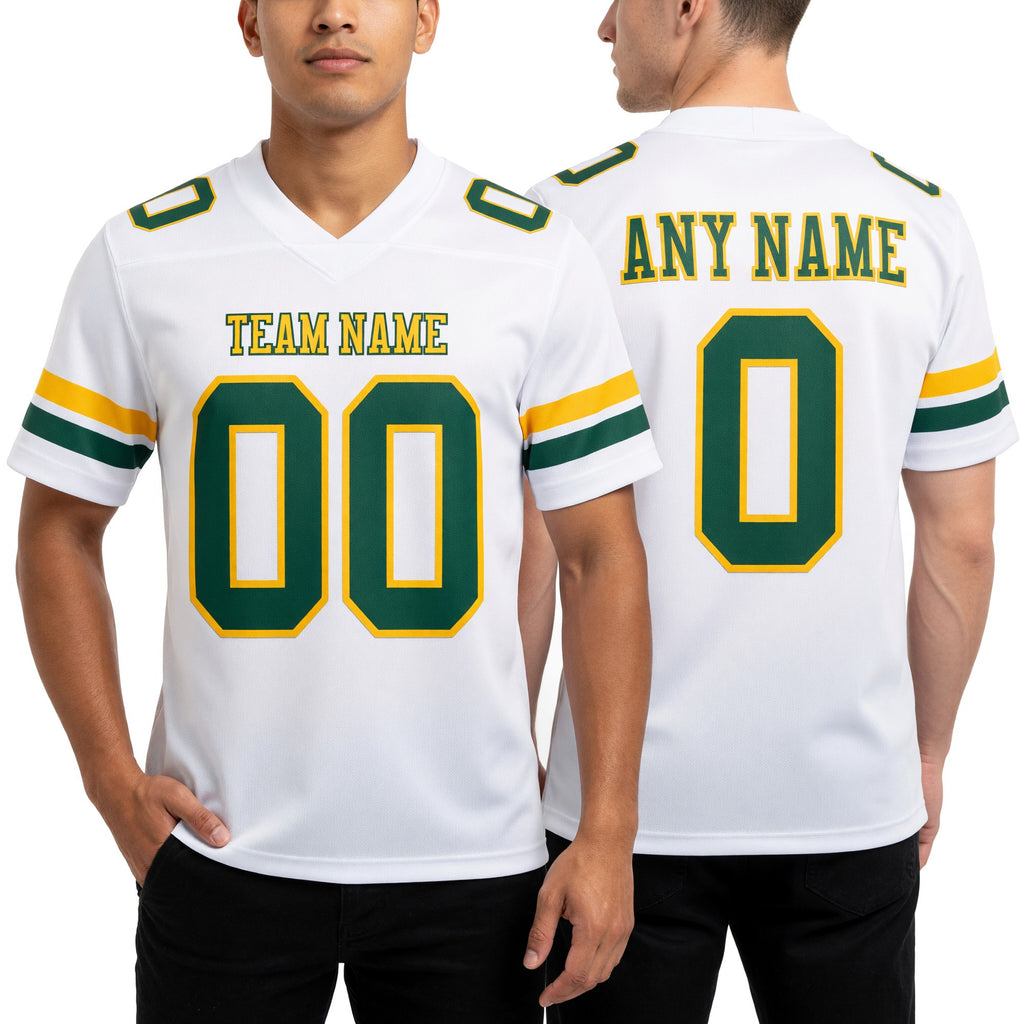Custom White Green-Gold Authentic Football Jersey worn front and back