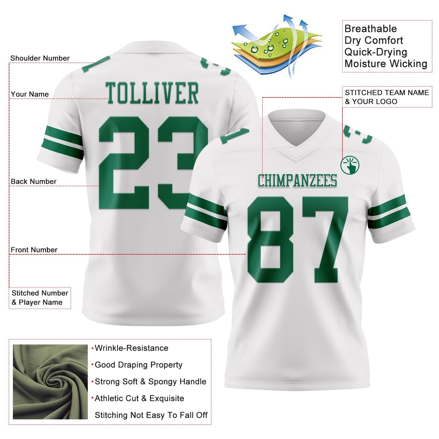 Custom White Kelly Green Authentic Football Jersey photo 3