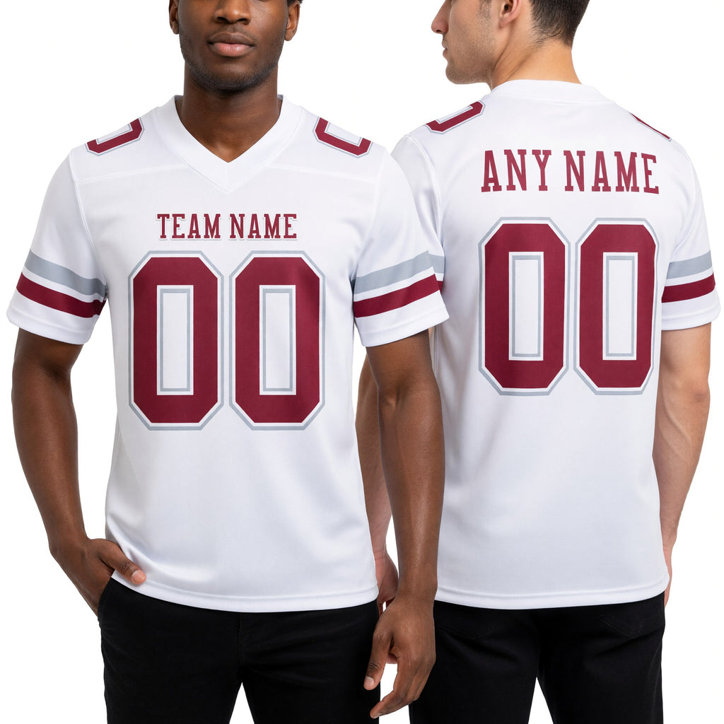 Custom White Crimson-Gray Authentic Football Jersey worn front and back