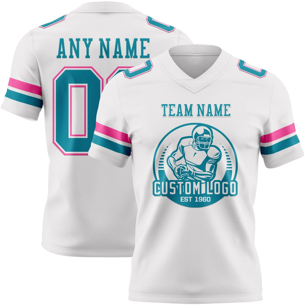 Custom White Teal-Pink Authentic Football Jersey photo 2