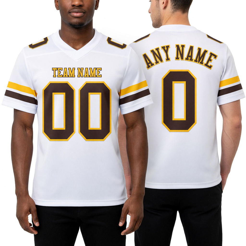 Custom White Brown-Gold Authentic Football Jersey worn front and back