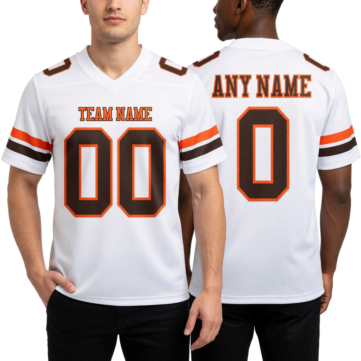 Custom White Brown-Orange Authentic Football Jersey worn front and back
