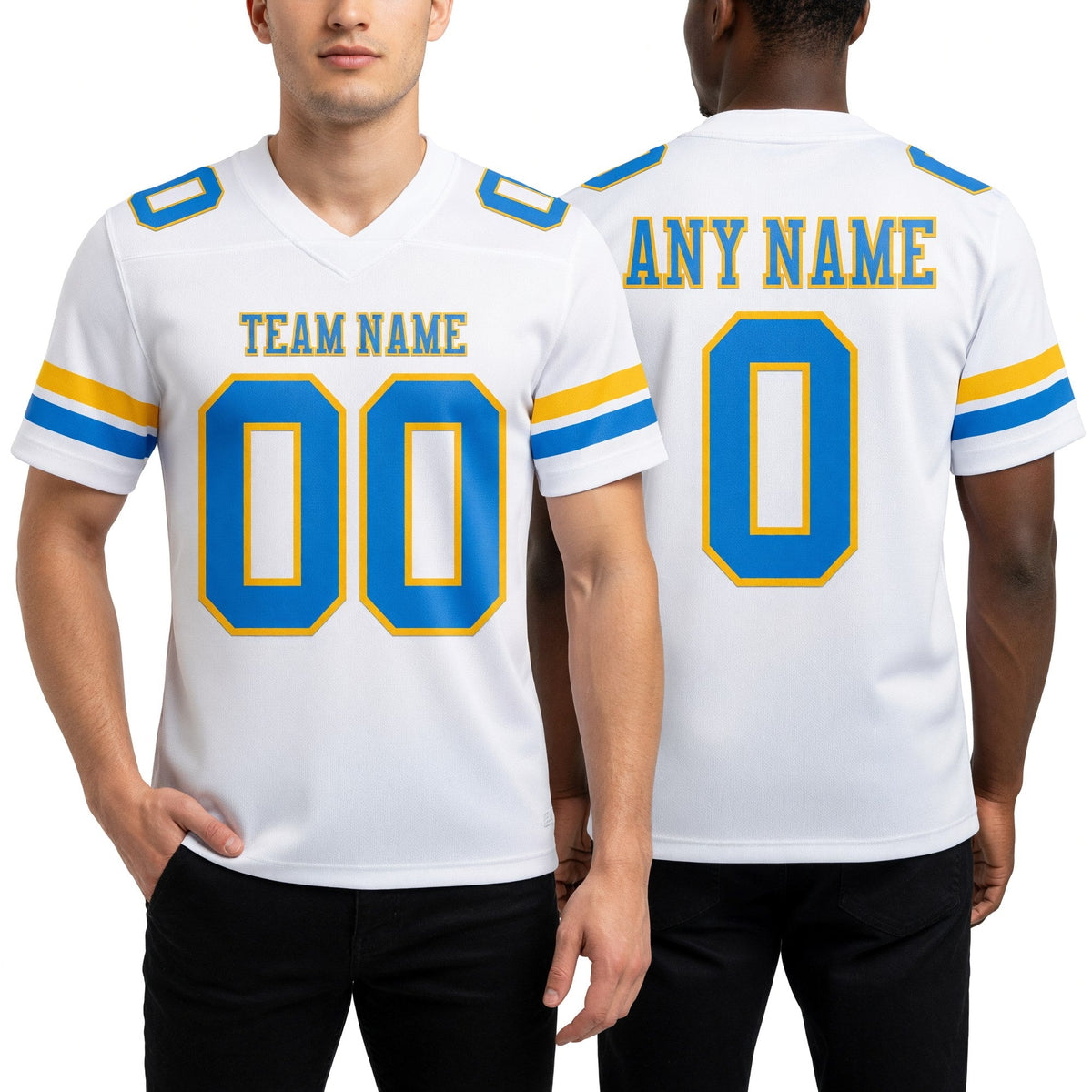 Custom White Powder Blue-Gold Authentic Football Jersey worn front and back