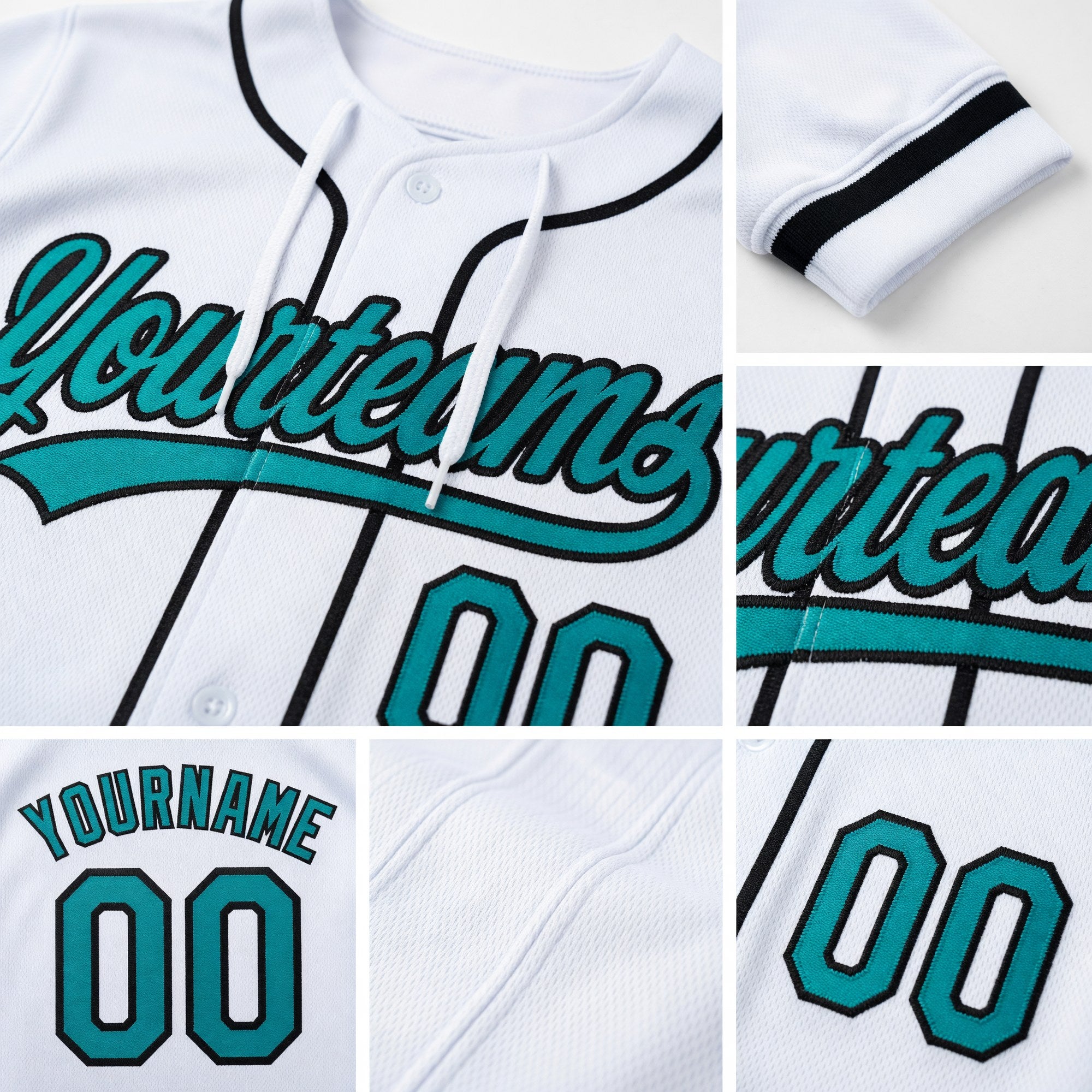 Custom Stitched White Teal-Black Baseball Pullover Sweatshirt Hoodie detail
