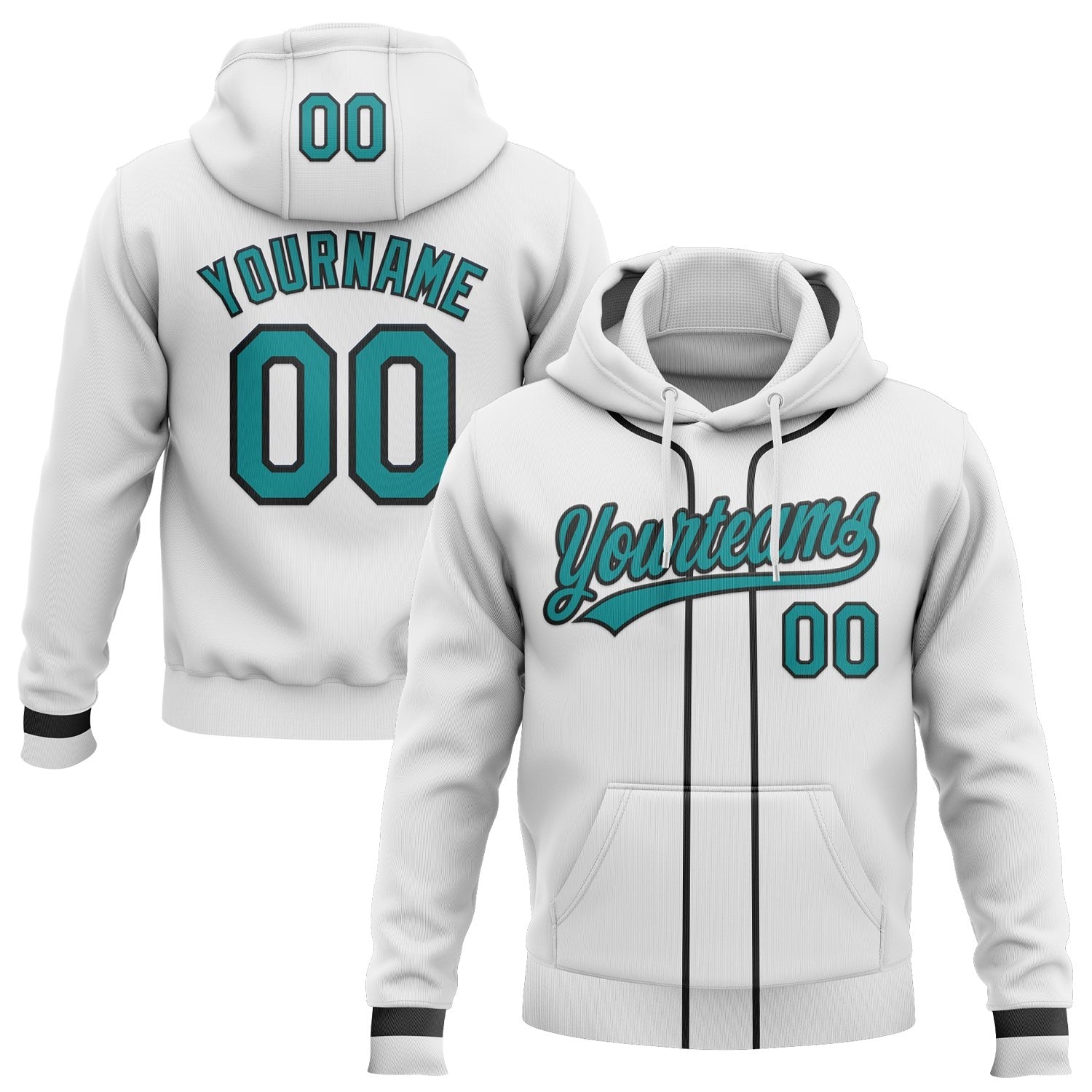 Custom Stitched White Teal-Black Baseball Pullover Sweatshirt Hoodie photo 1