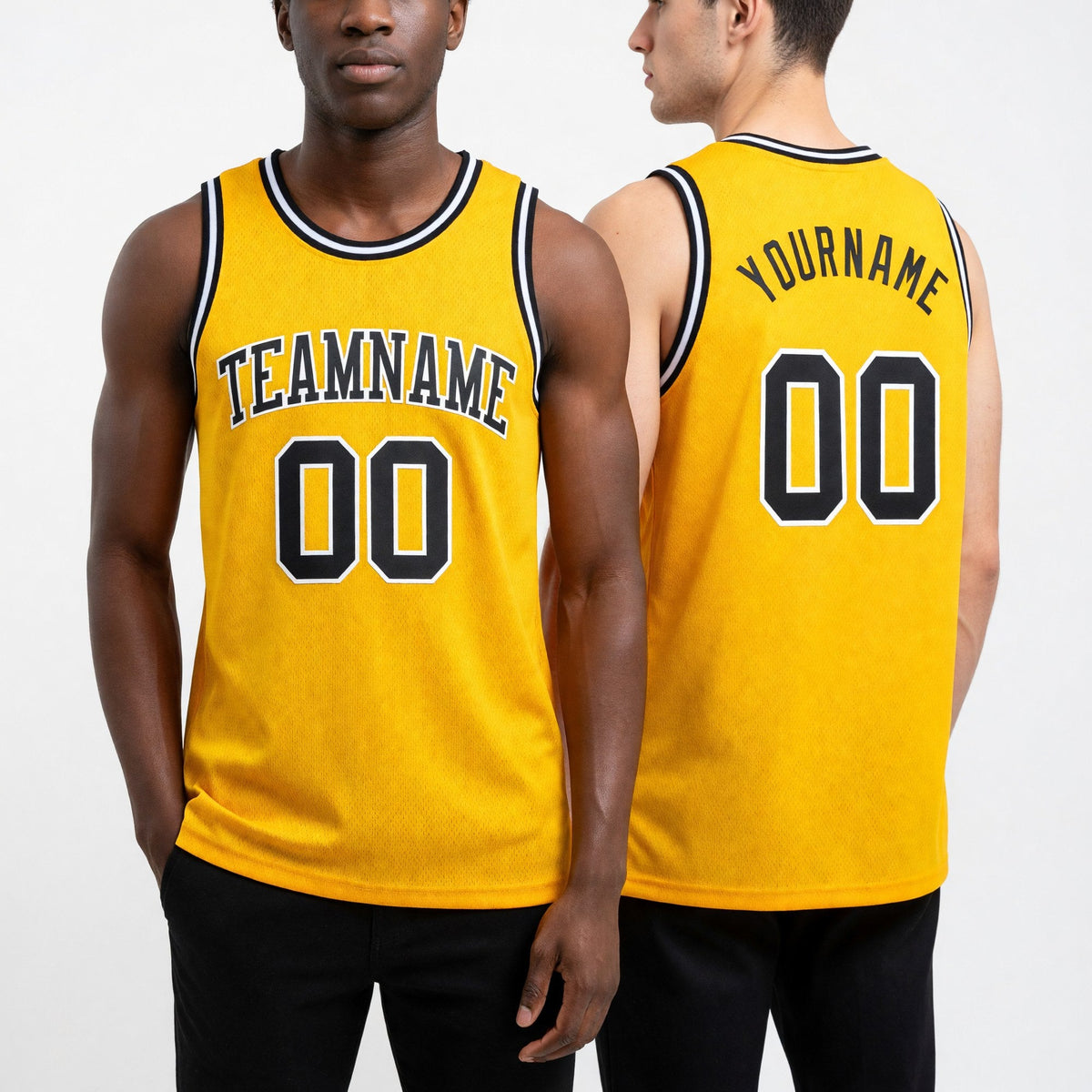 Custom Yellow Black-White Authentic Basketball Jersey worn front and back